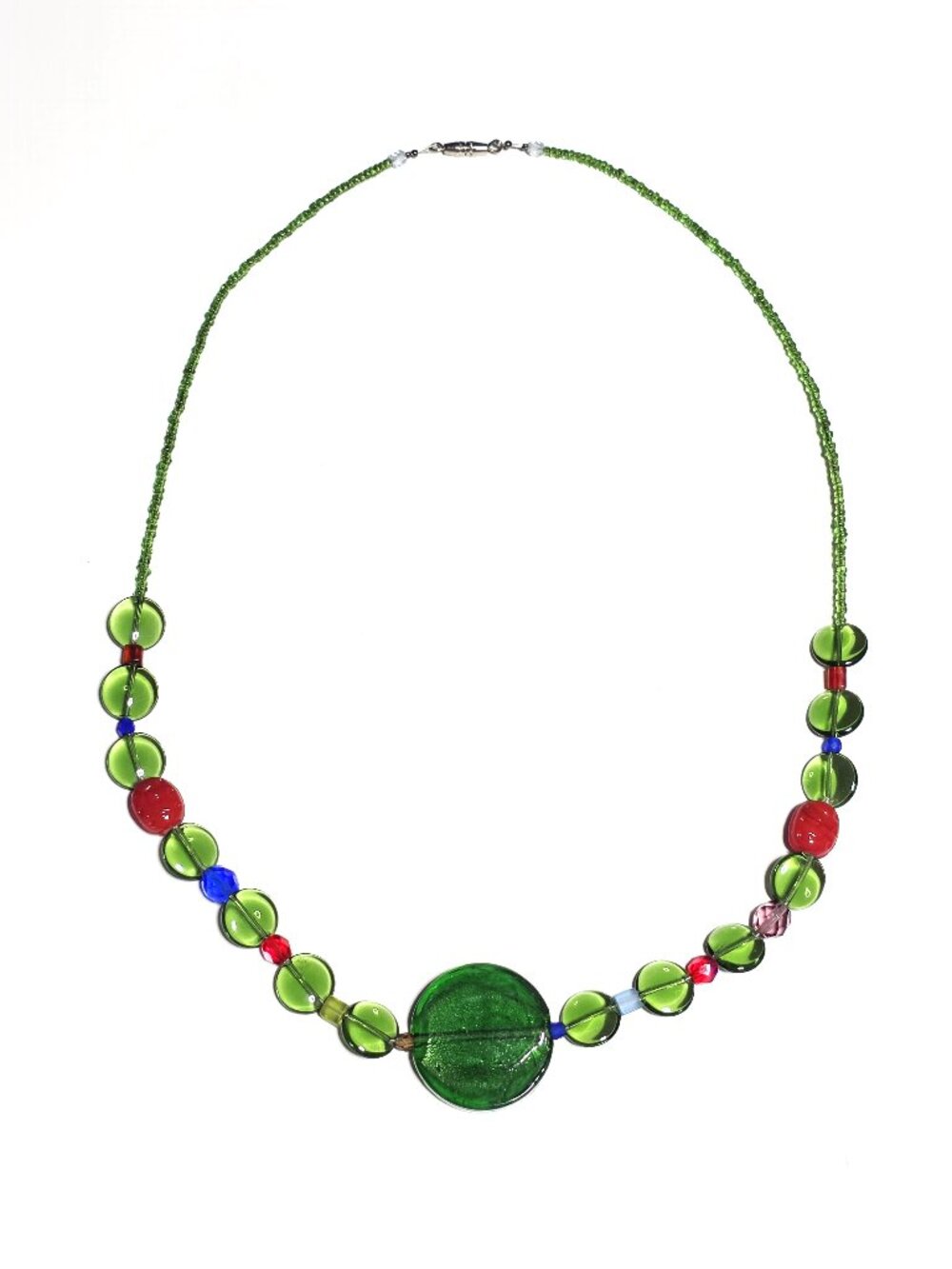 Green, red & blue beaded glass necklace